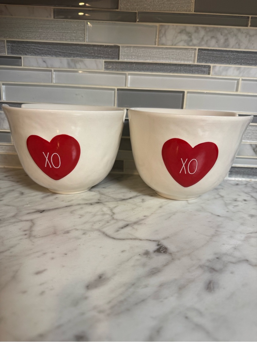 Rae Dunn White Ceramic Bowls with Red Heart XO Motif - Set of 2
